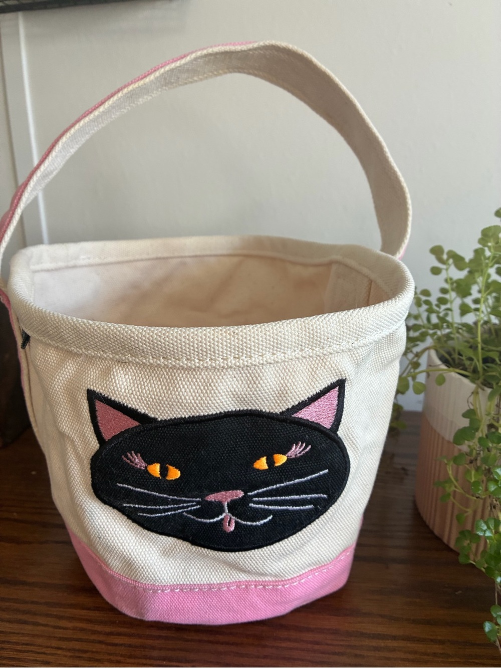 Lands' End Cream Canvas Tote with Black Cat Patch and Pink Trim